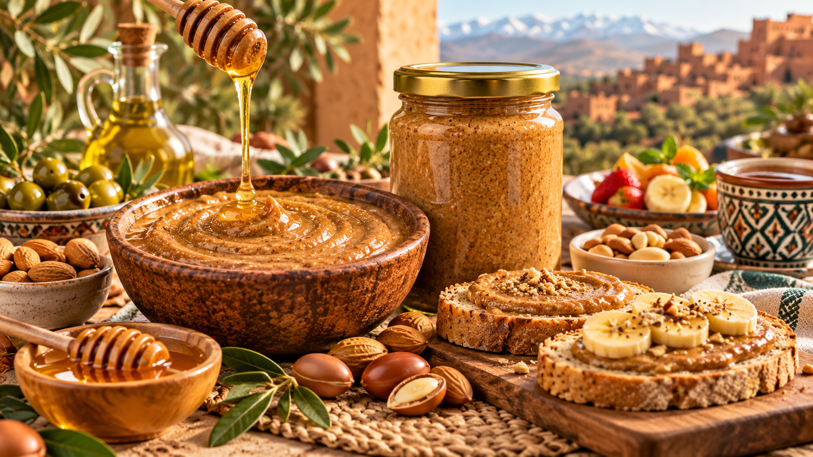 أملو مغربي يقدم مع الخبز والفواكه في فطور تقليدي