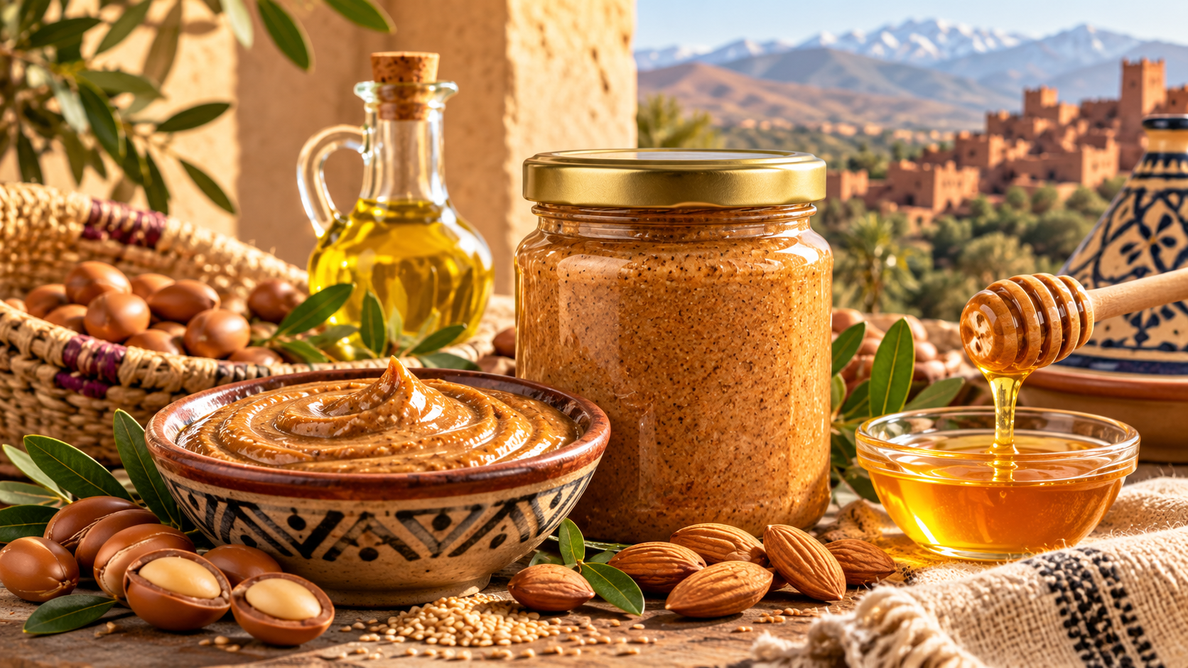 أملو مغربي باللوز والعسل وزيت الأركان أمام جبال الأطلس