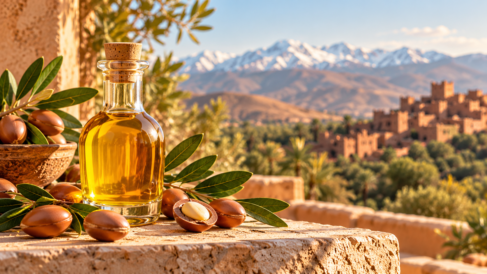 زيت الأركان المغربي مع ثمار الأركان أمام جبال الأطلس