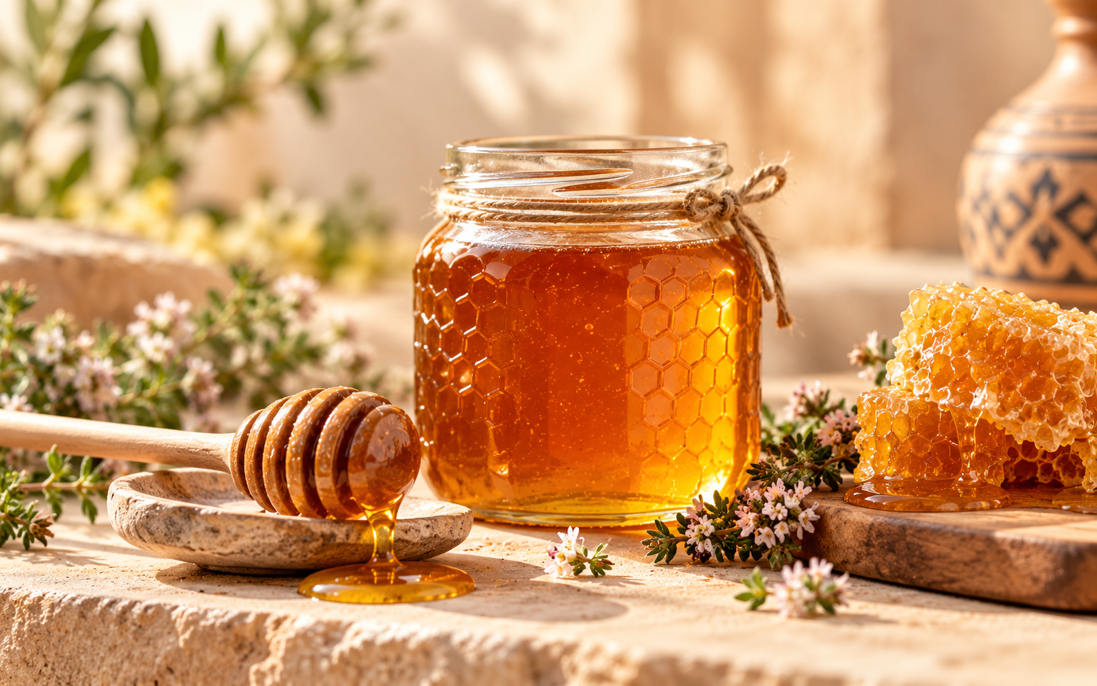 عسل ذهبي طبيعي مع شمع العسل والزهور البرية