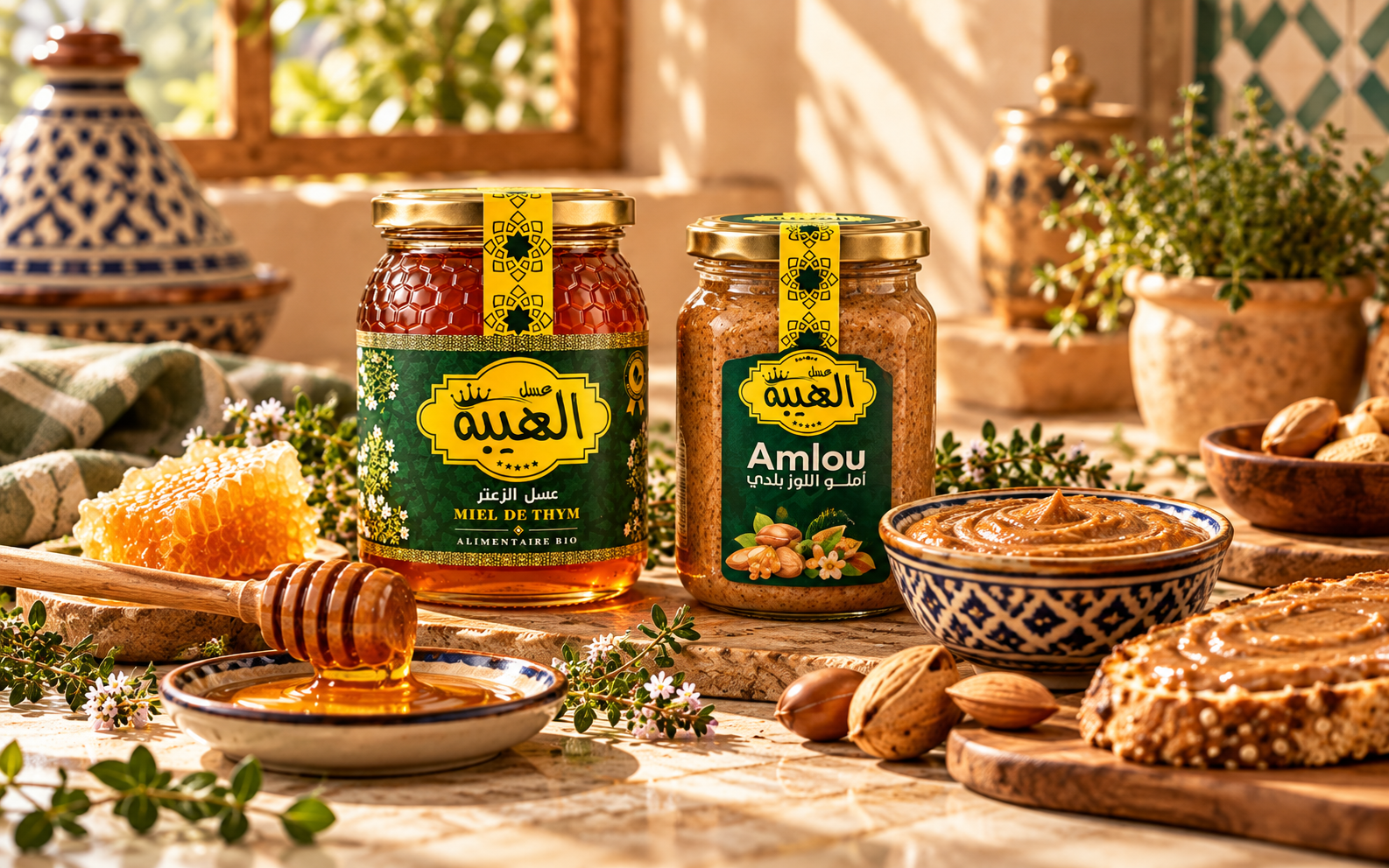 مرطبان عسل وأملو مغربي محفوظان في مكان جاف
